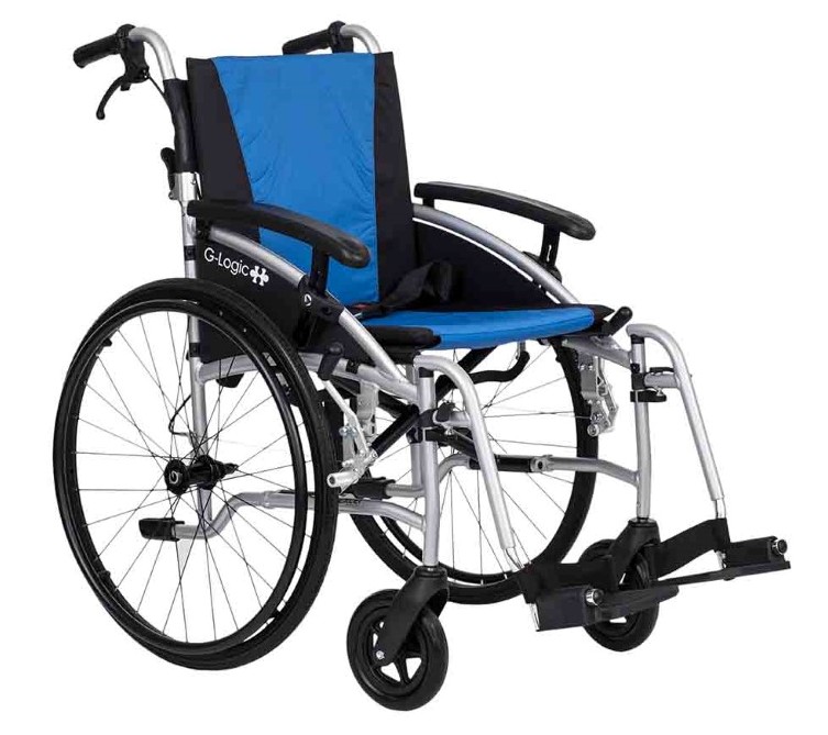 Excel G-Logic Lightweight Self Propelled Wheelchair 16'' With Silver Frame and Blue Upholstery.